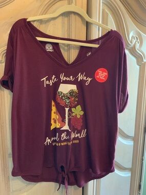 Disney Parks Epcot Food & Wine Burgundy Short Sleeve Graphic Tie-Front Tee